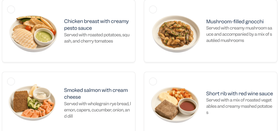 Pre-order meal options on Aeroméxico business class.
