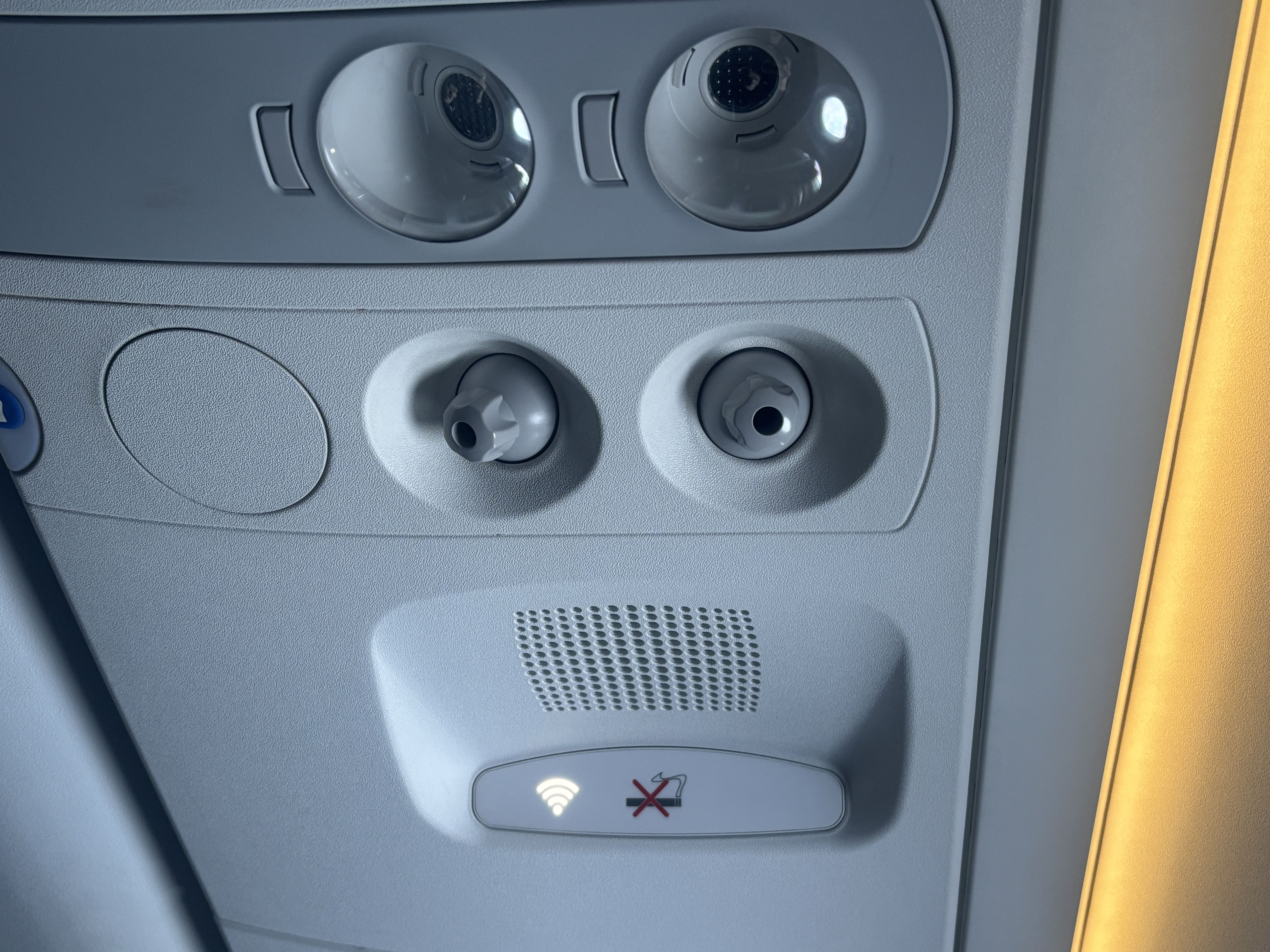 Two individual air nozzles and reading lights shown in the overhead console.