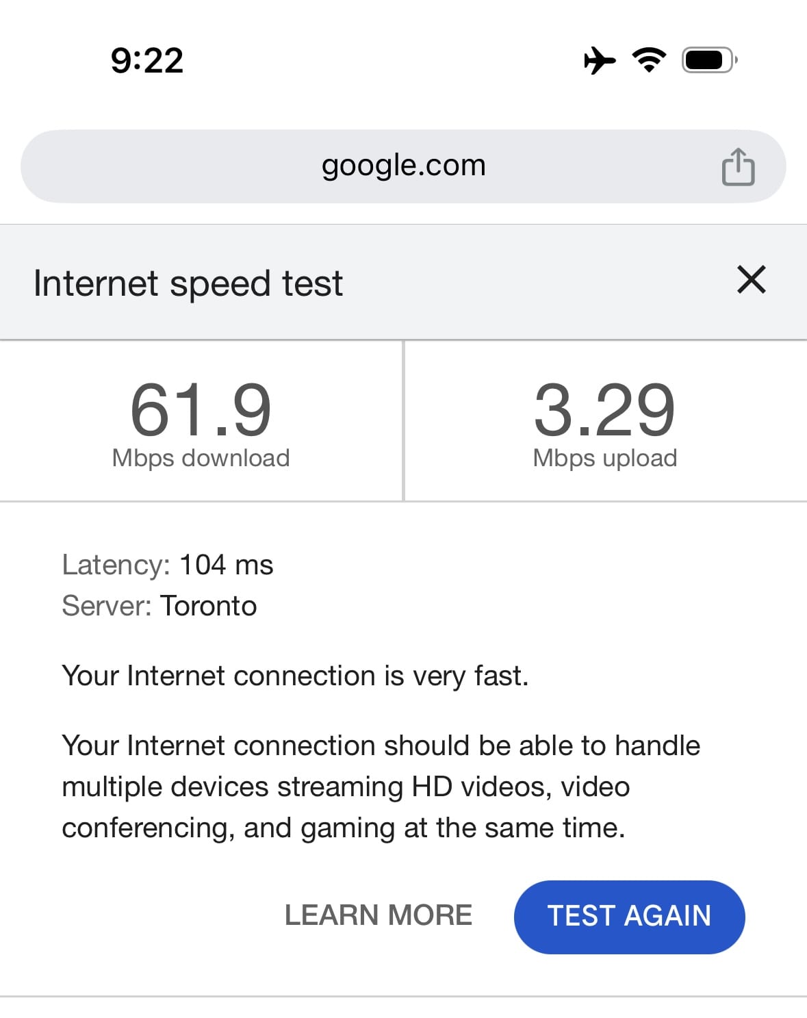 Internet speed test results showing download speed of 61.9 Mpbs and upload speed of 3.29 Mpbs.