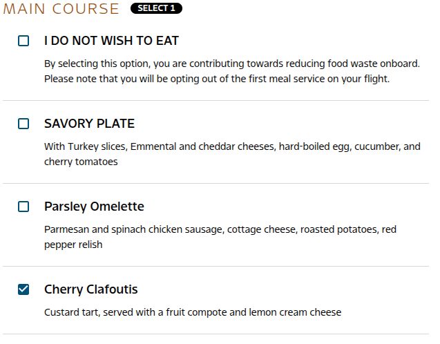 Breakfast pre-order options: a savory plate, parsley omelette, or cherry clafoutis.