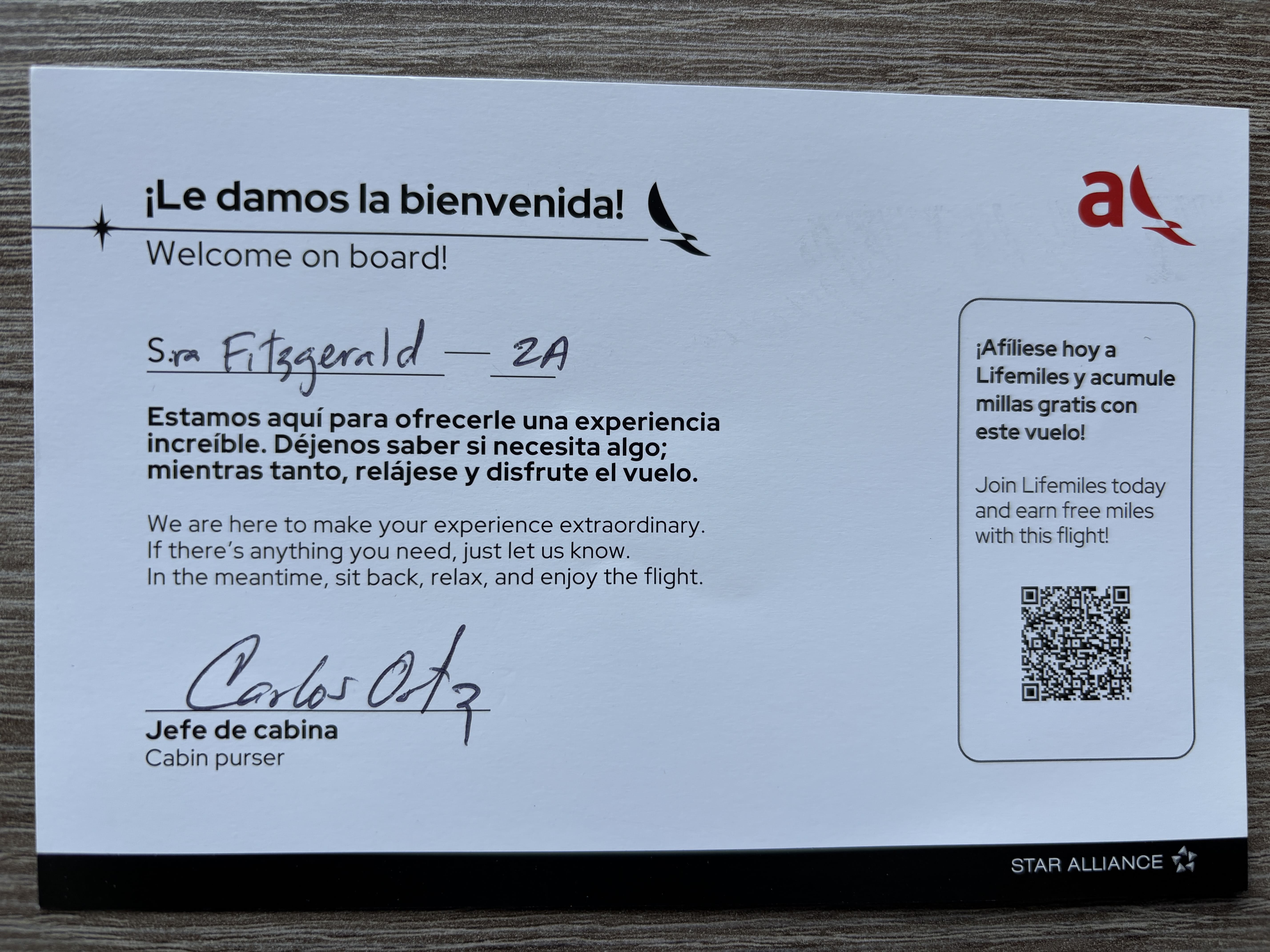 Welcome card distributed to Avianca business class passengers.