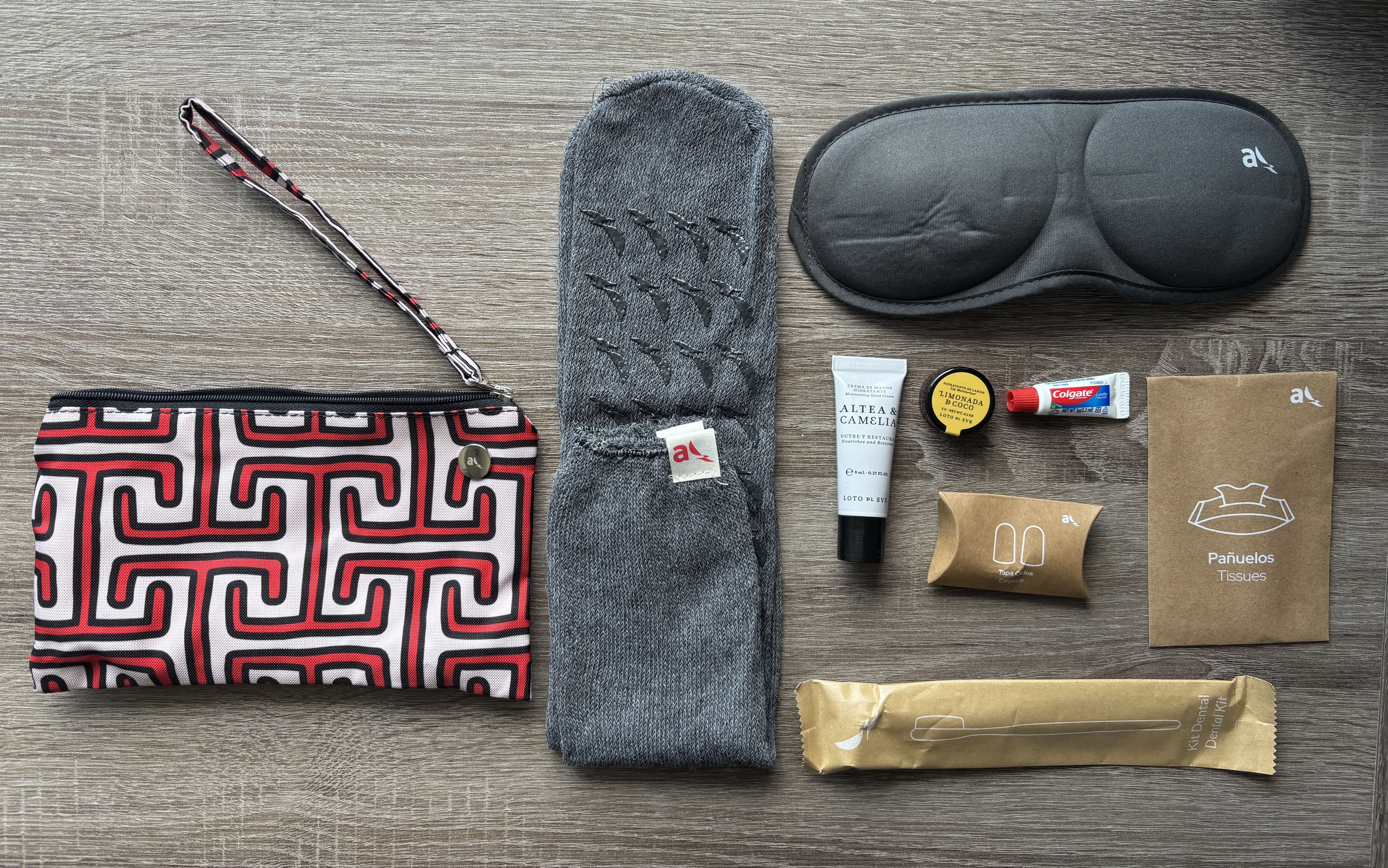 Avianca business class amenity kit and contents.