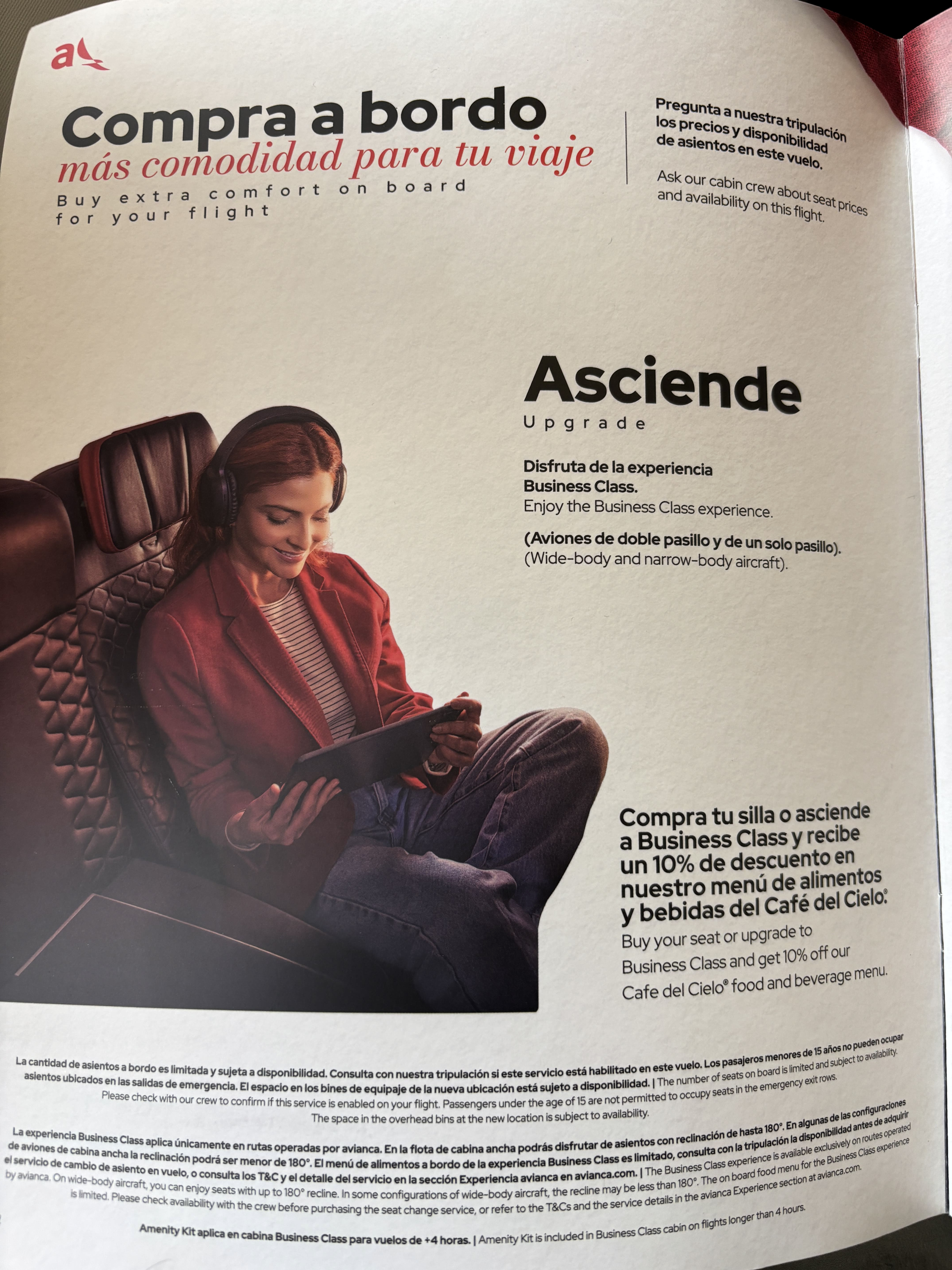 Advertisement for in-flight upgrades to business class in the Avianca on board magazine.