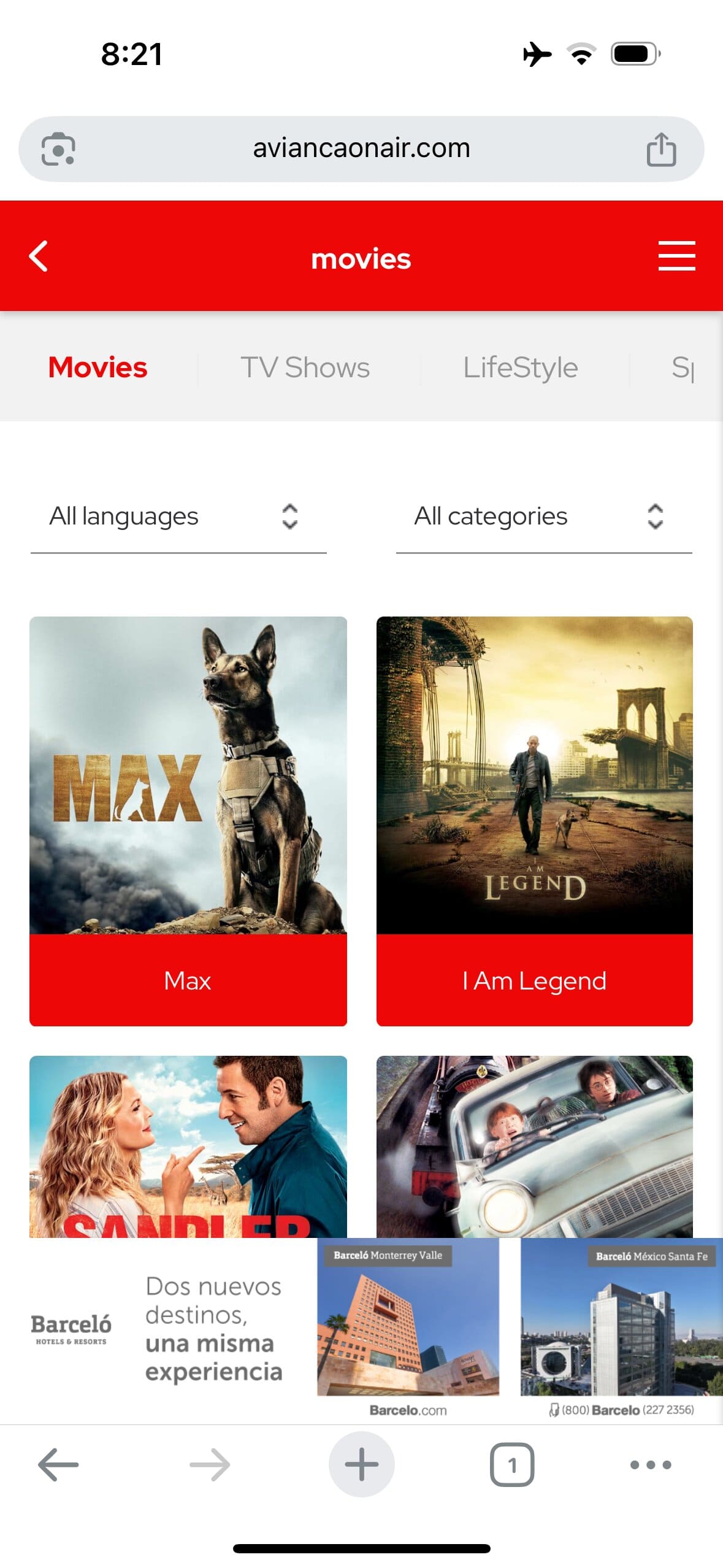 Screenshot of the in-flight streaming entertainment on Avianca.