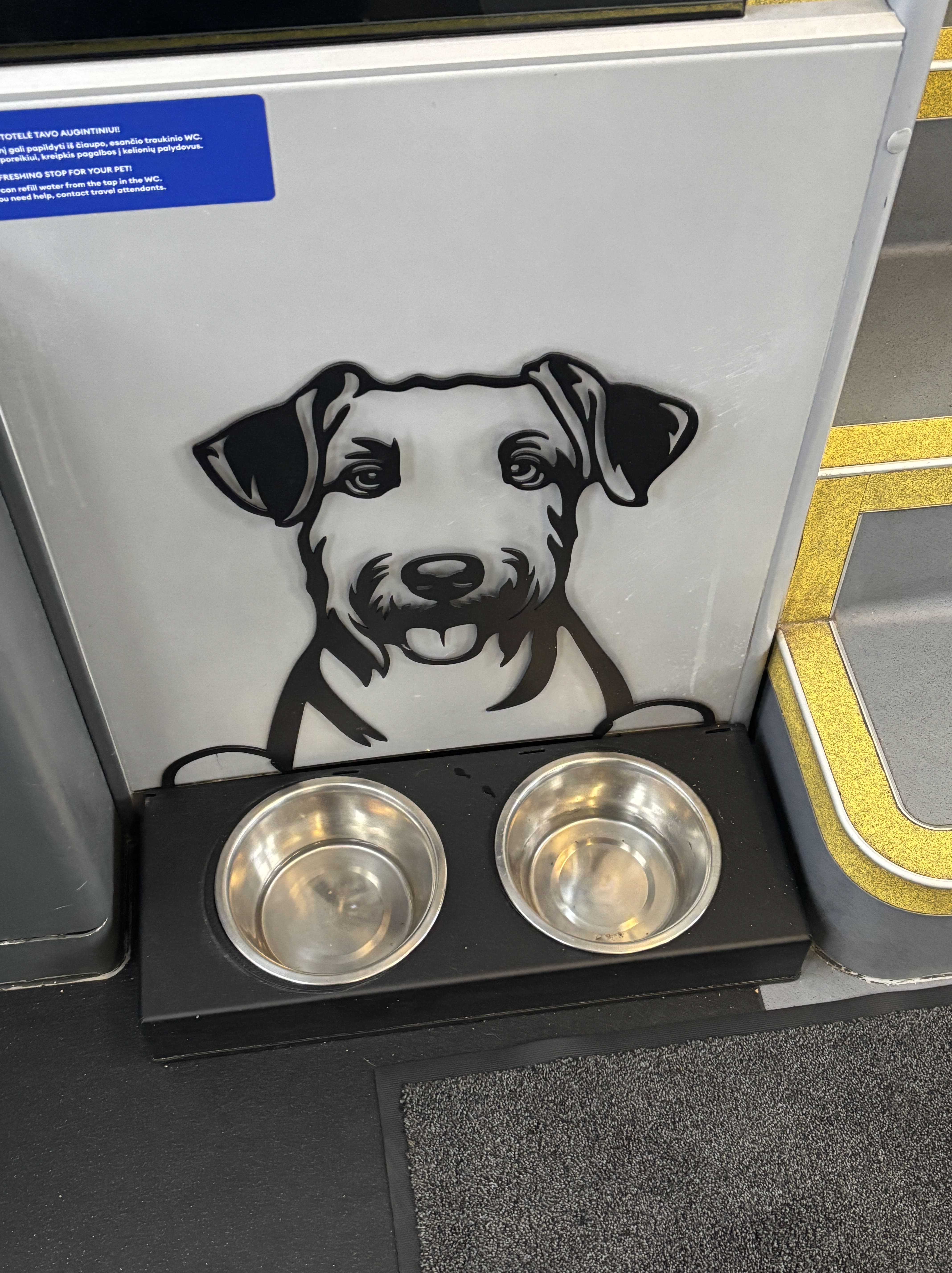 Water bowls with cartoon dog.