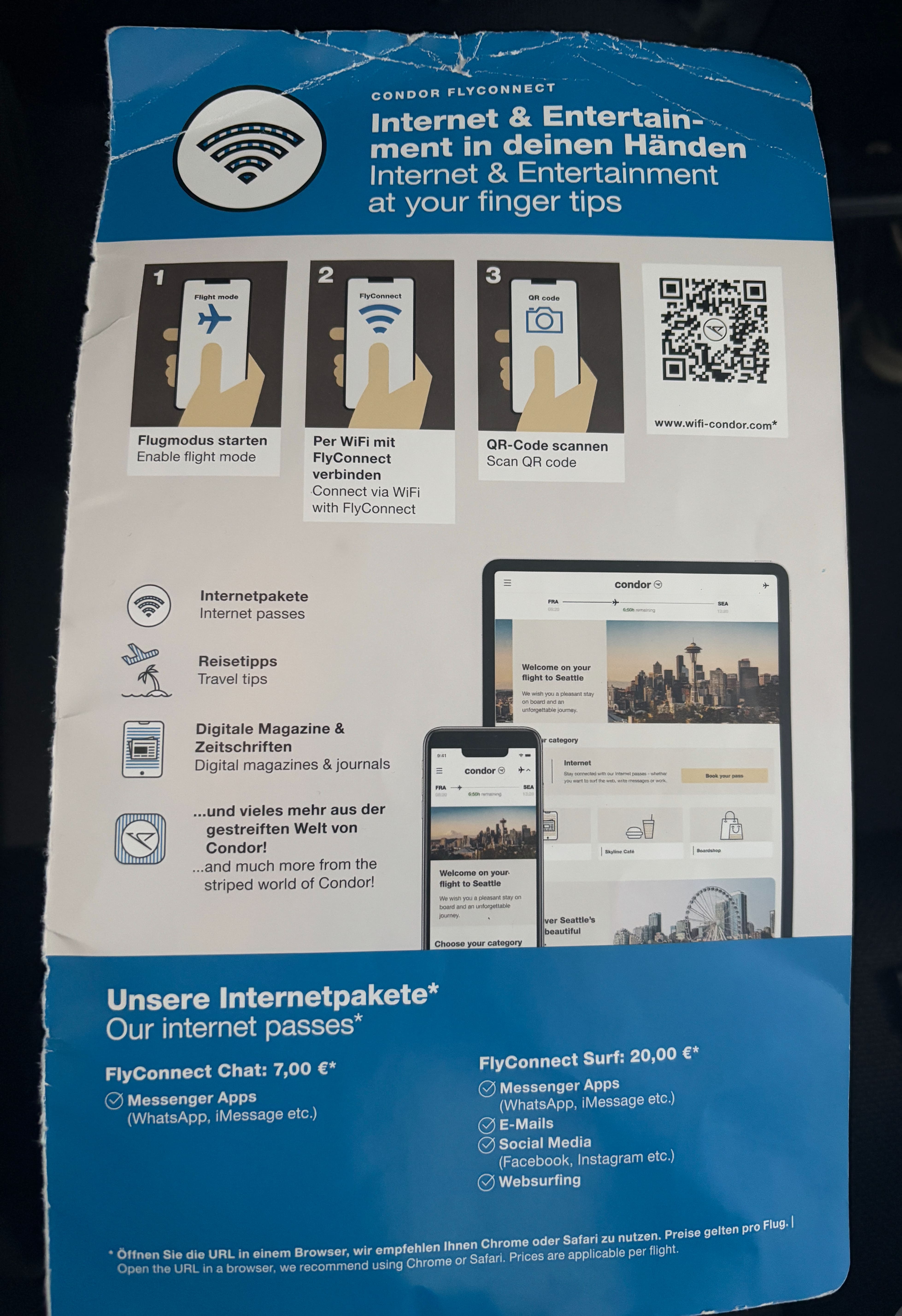 Battered information sheet listing WiFi prices and instructions.