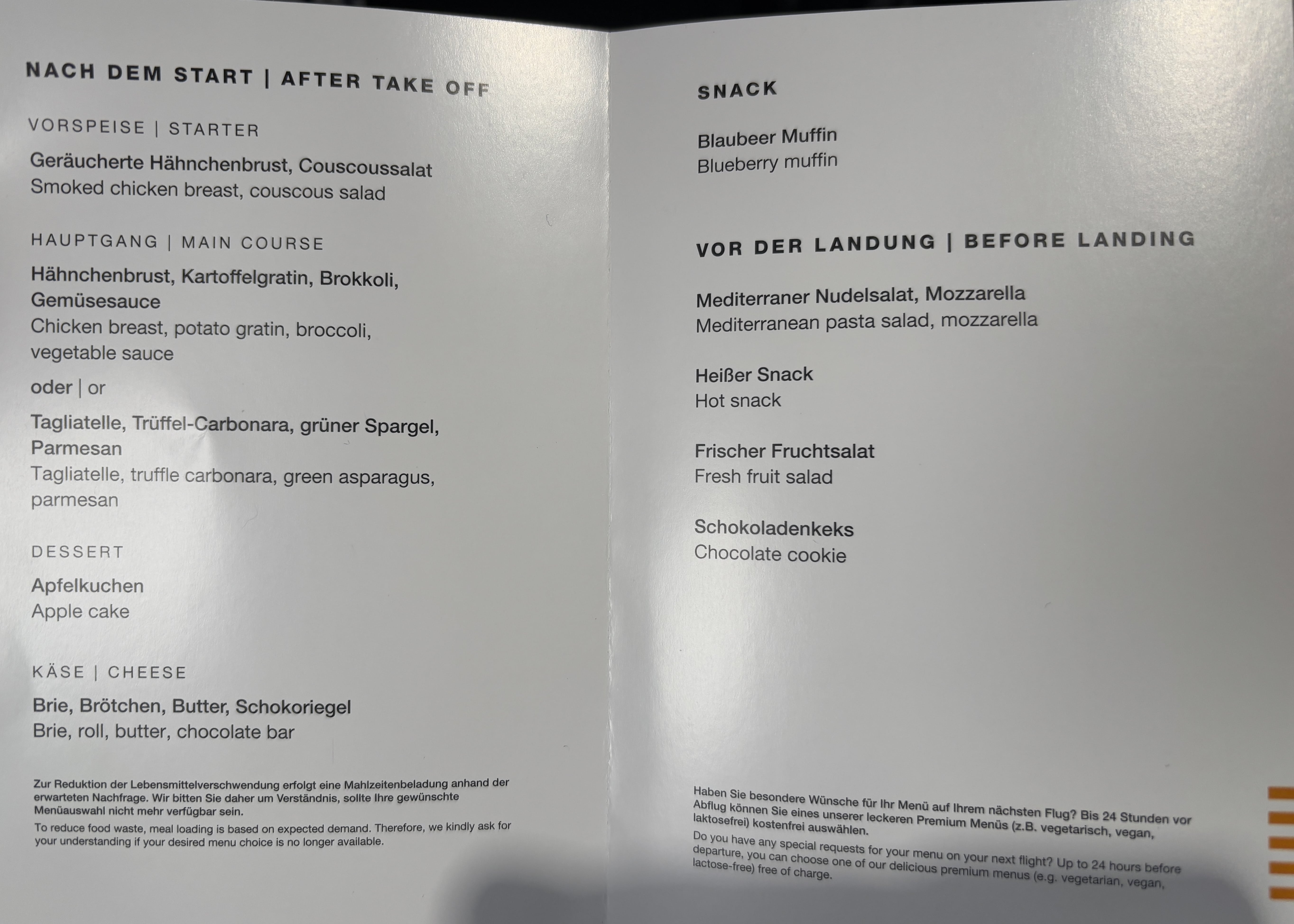 Food menu for Condor premium economy.