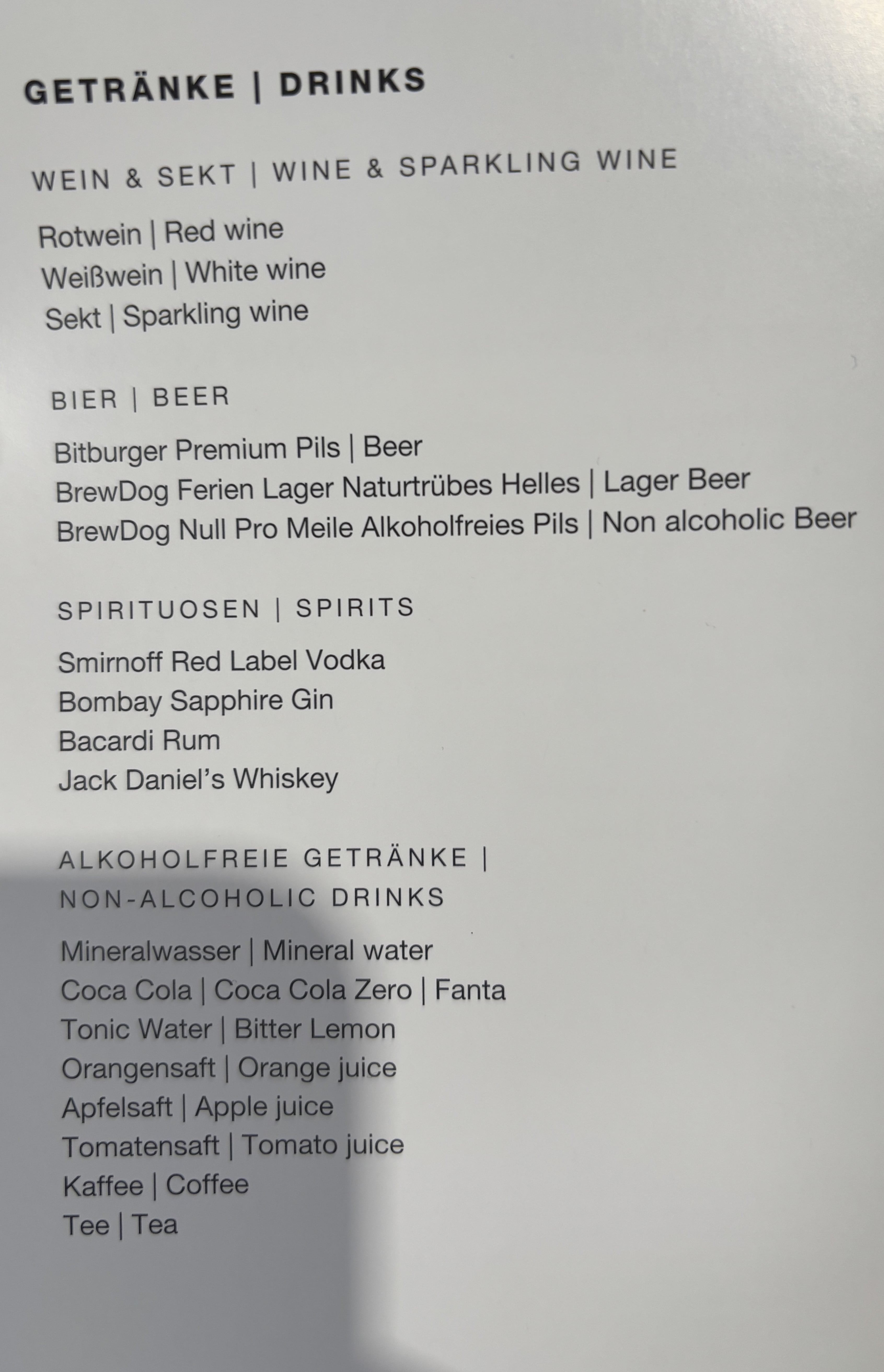 Drinks menu for Condor premium economy.