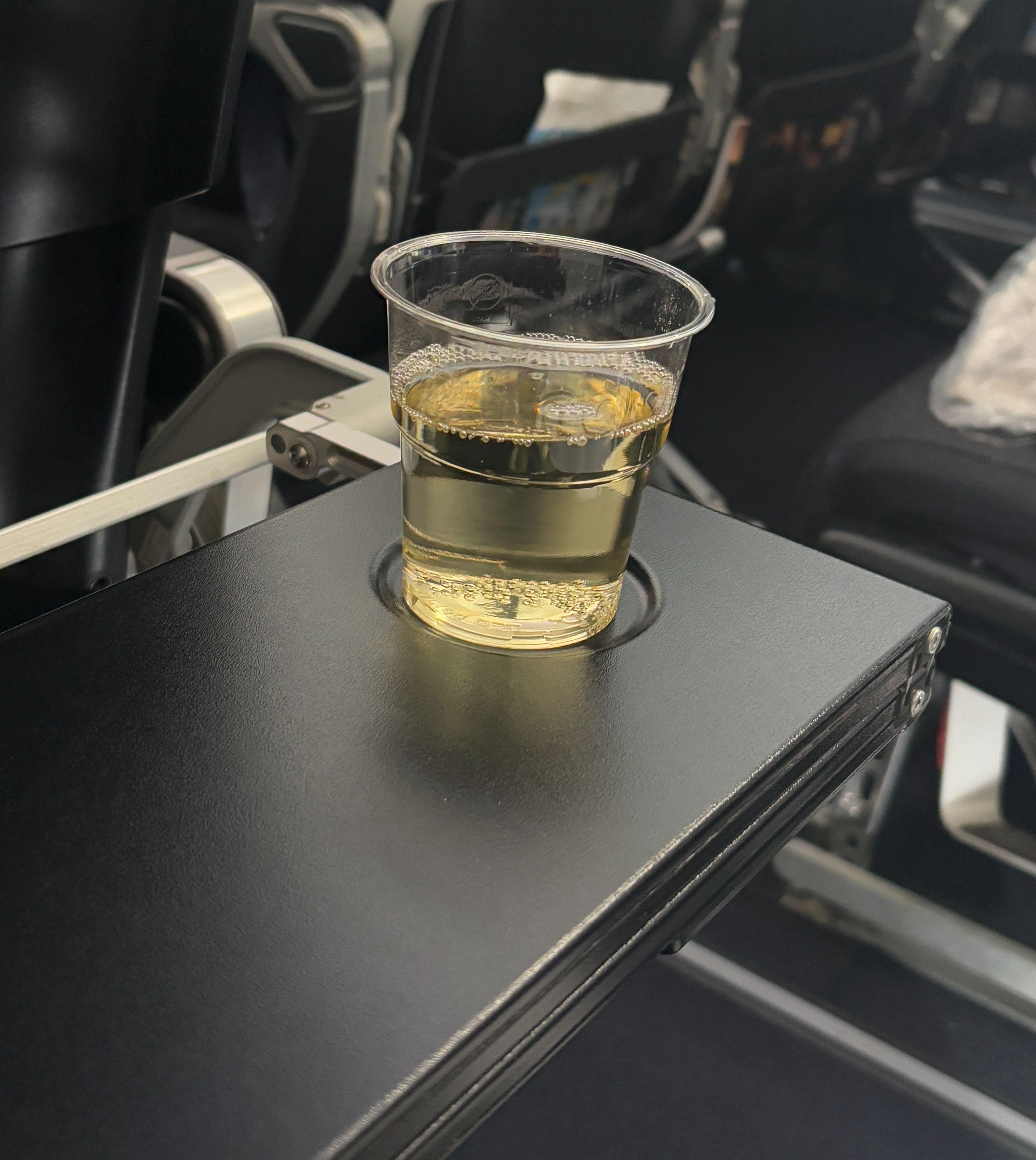 Plastic cup of sparkling wine resting on tray table.