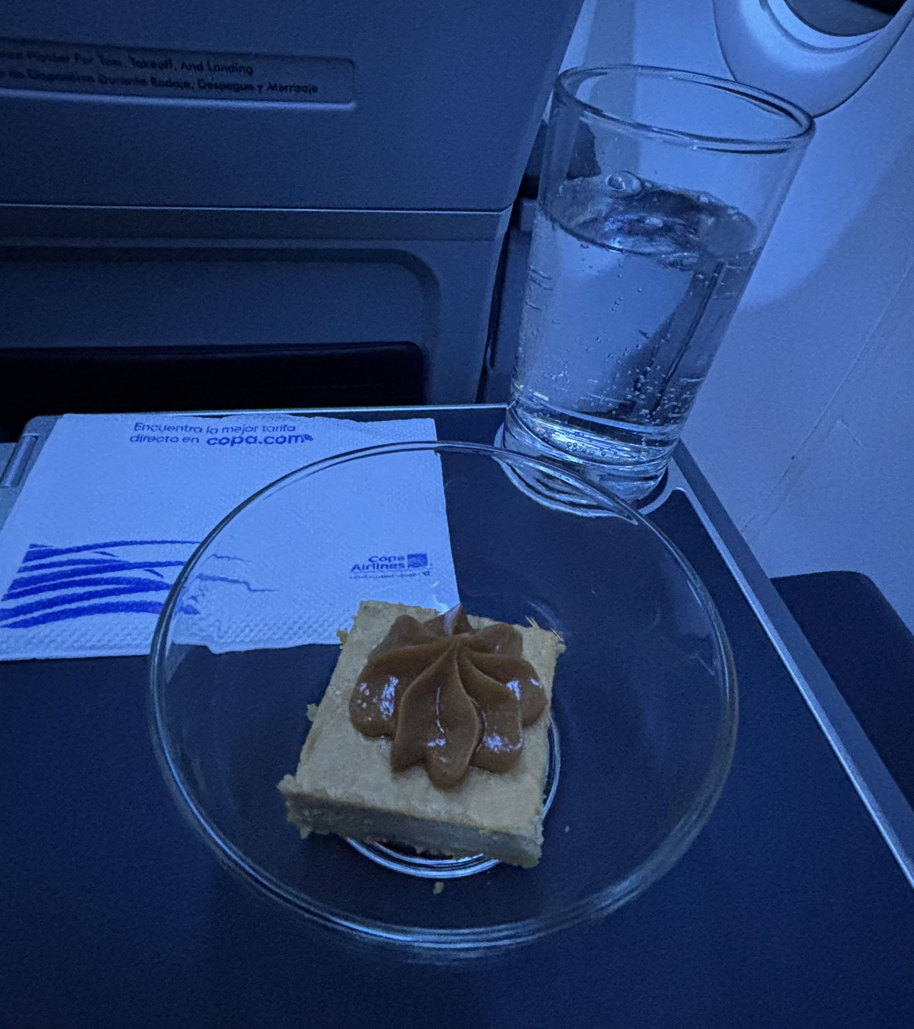 Small cheesecake square with a glass of sparkling water resting on a folded tray table.