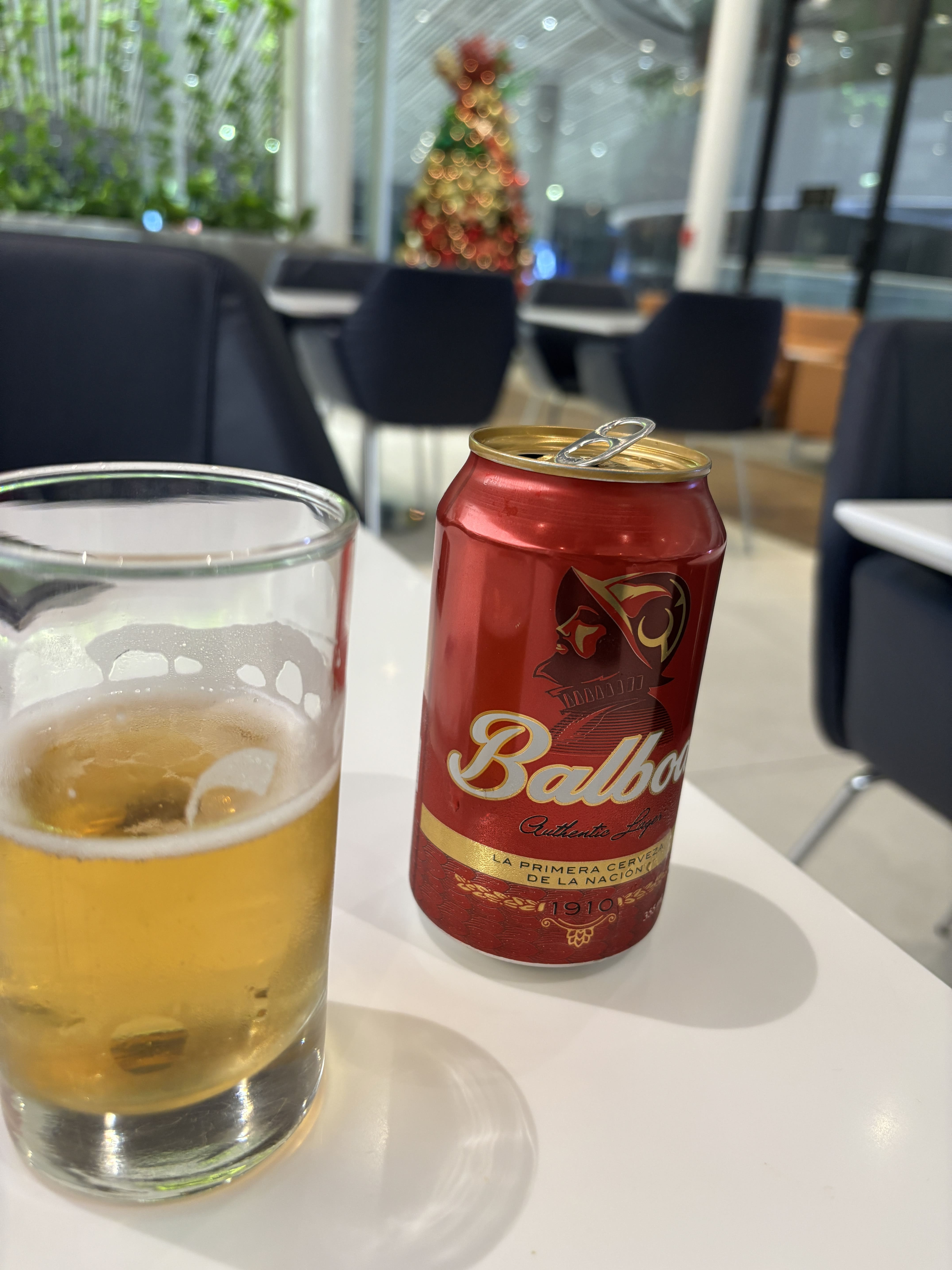 Panamanian Balboa beer sitting on a table in the Copa Club.