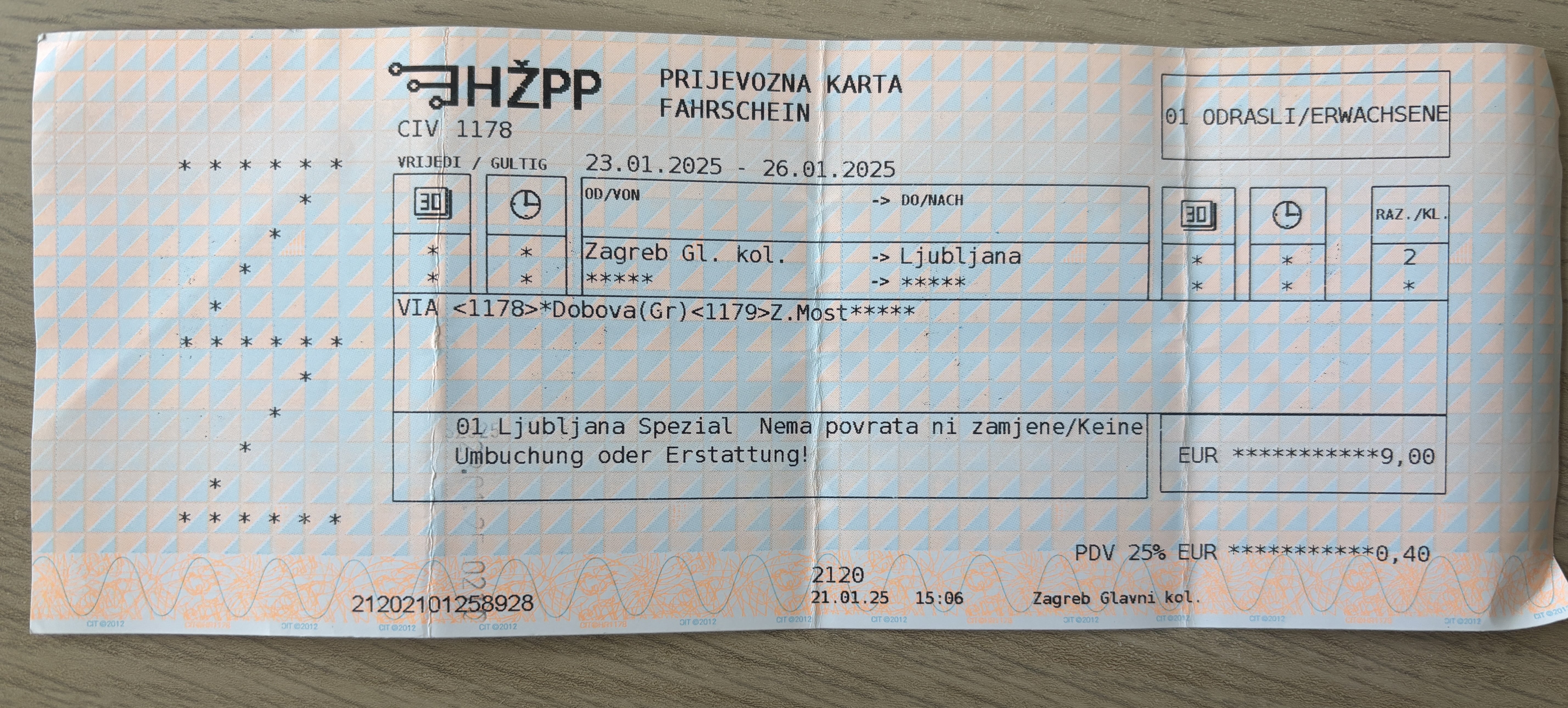 Rail ticket from Zagreb to Ljubljana.
