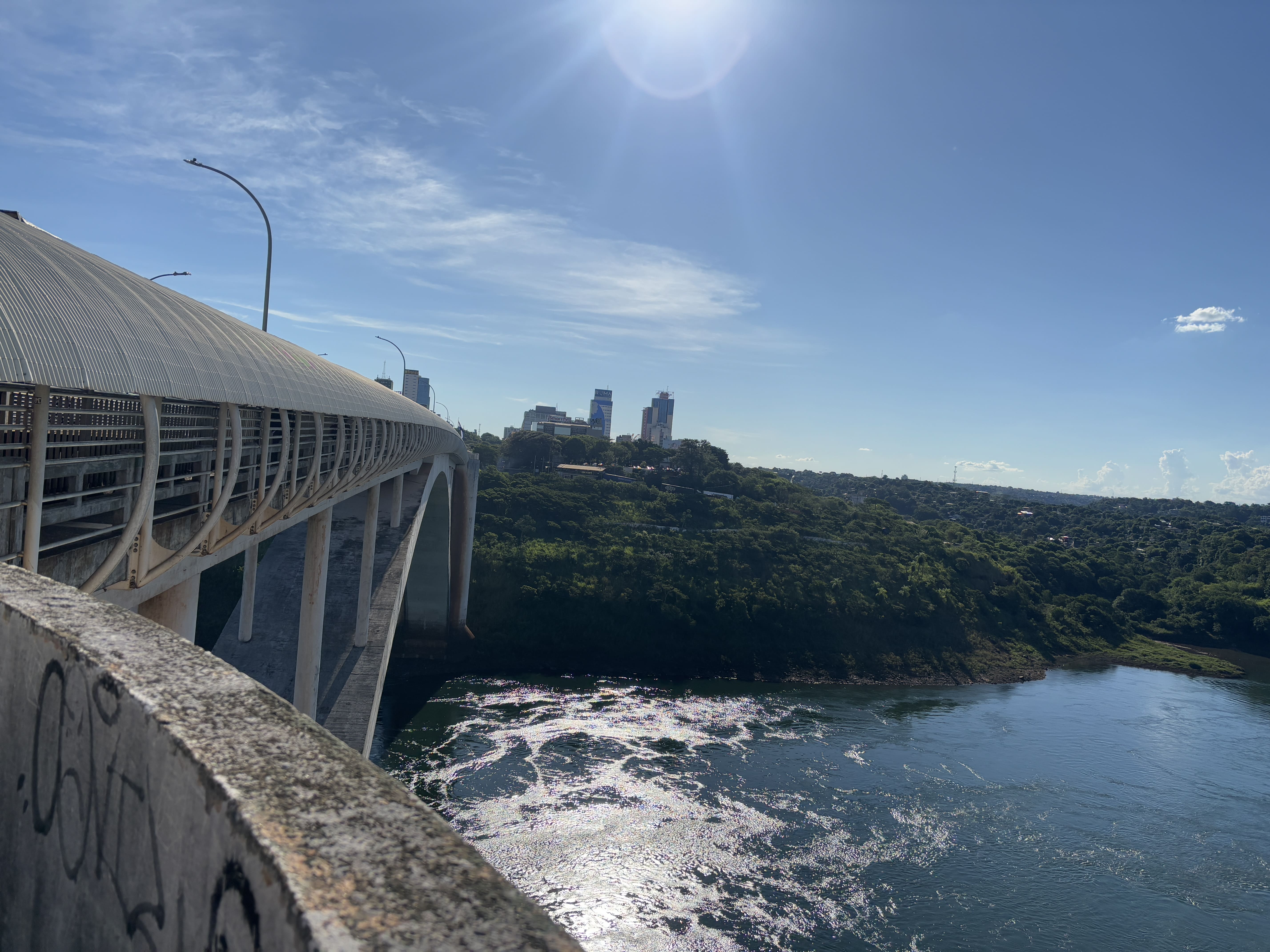 Looking towards Paraguay on the International Friendship Bridge, with the Paraná River below.