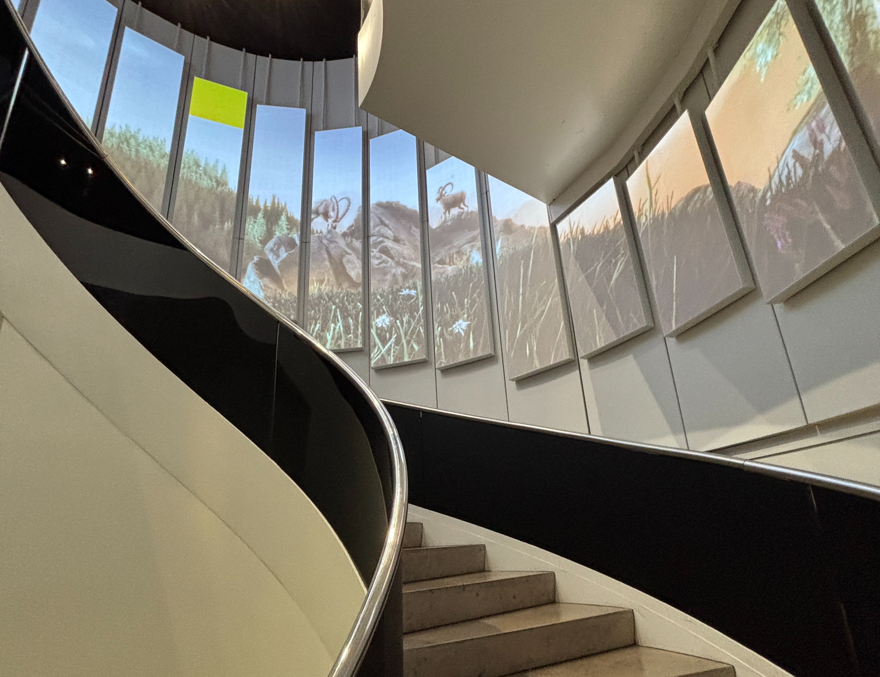 Spiral staircase leading to the SWISS Alpine Lounge.