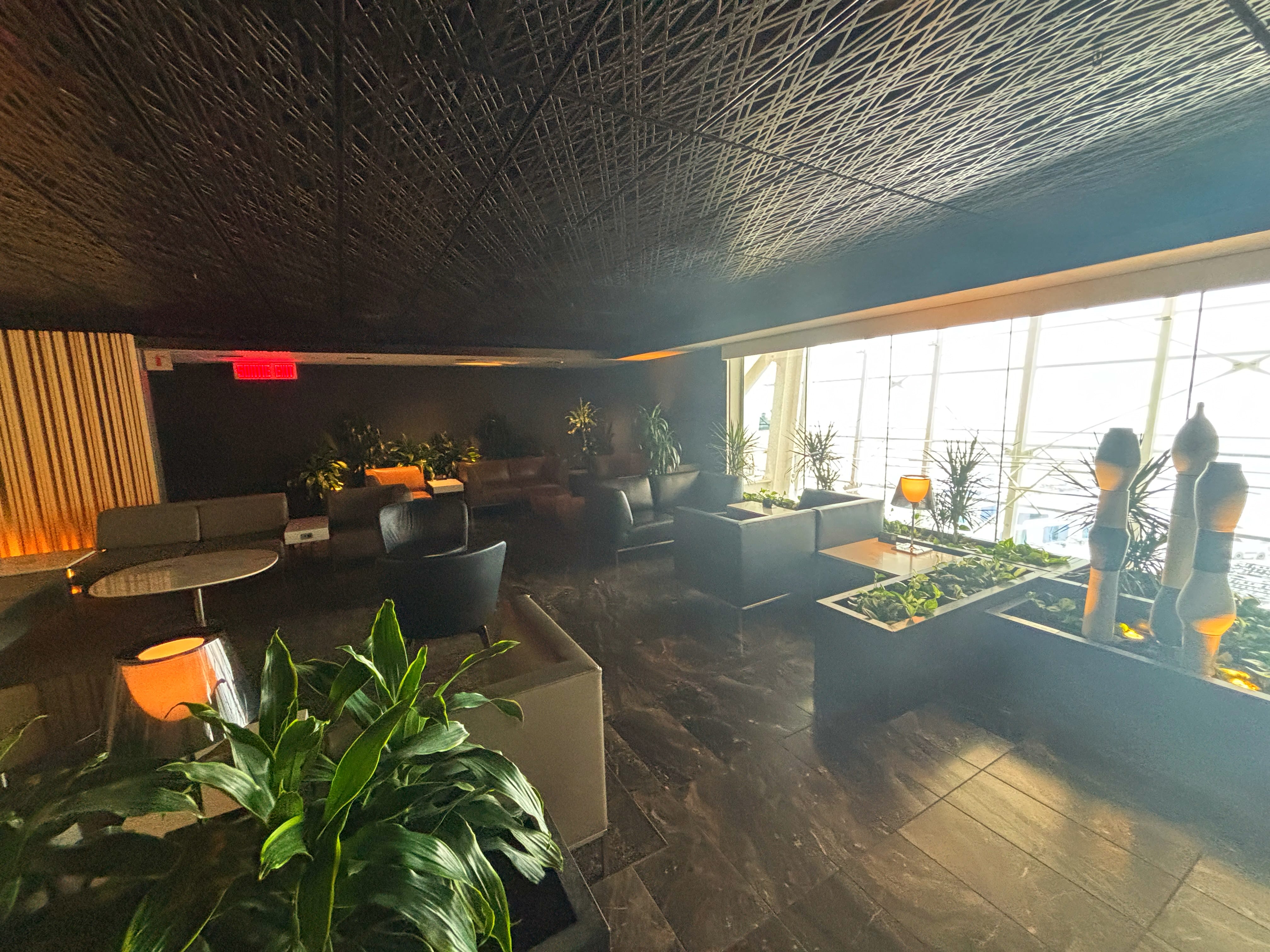Entry room with dark tile flooring, dark seating, artificial plants, and bright light coming through a large side window.