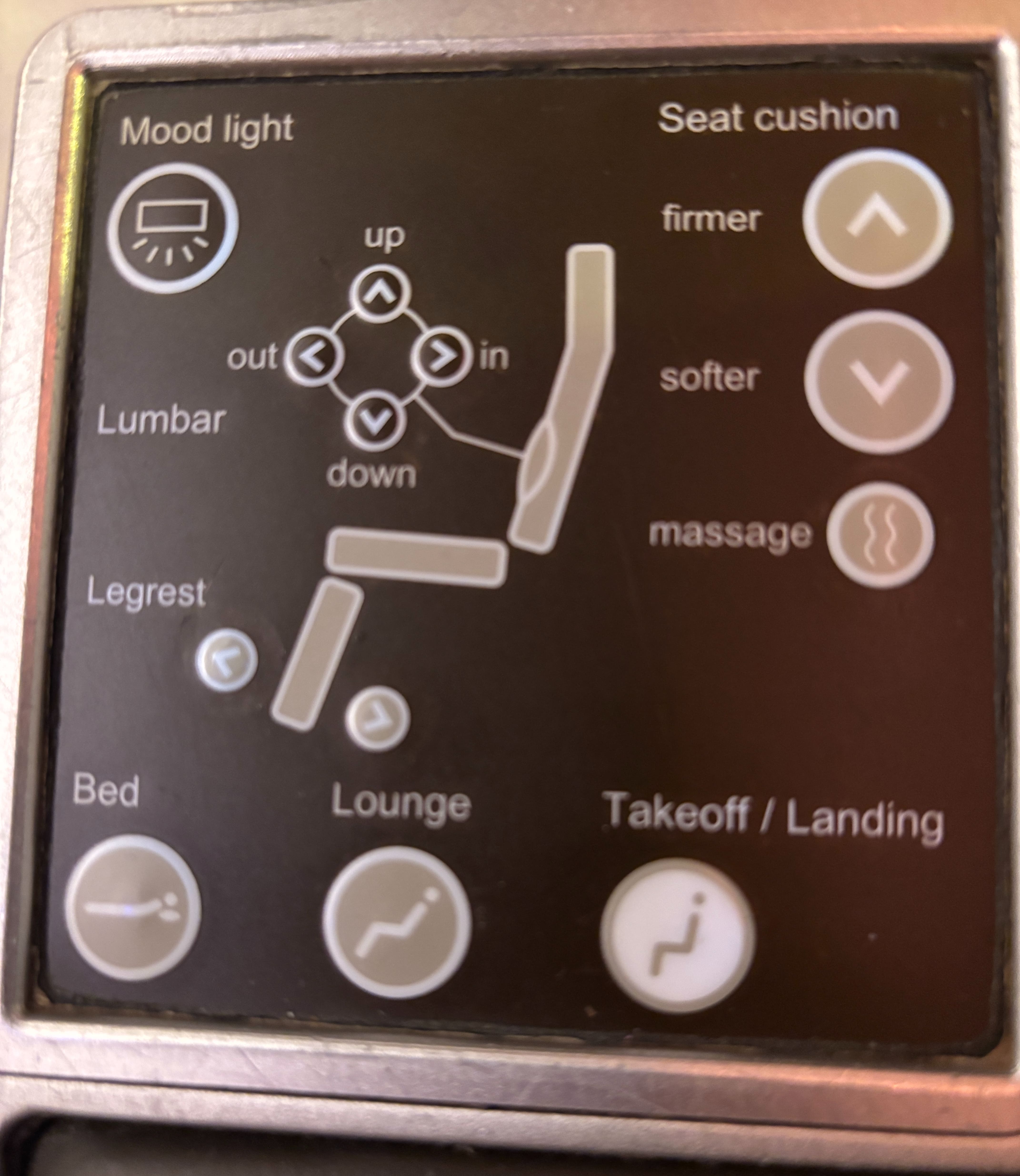 Close-up of seat control pad.