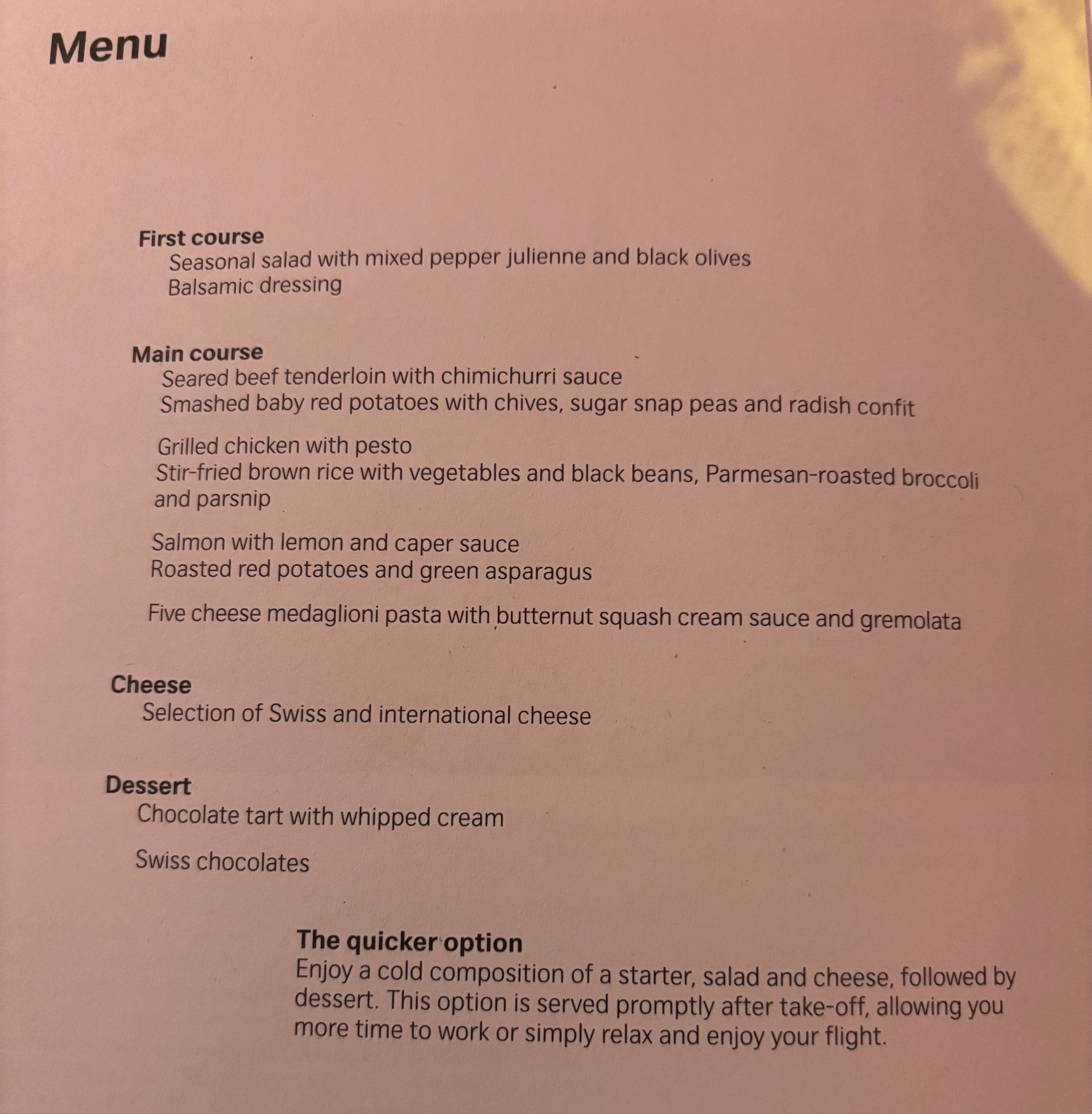 Main course menu options.