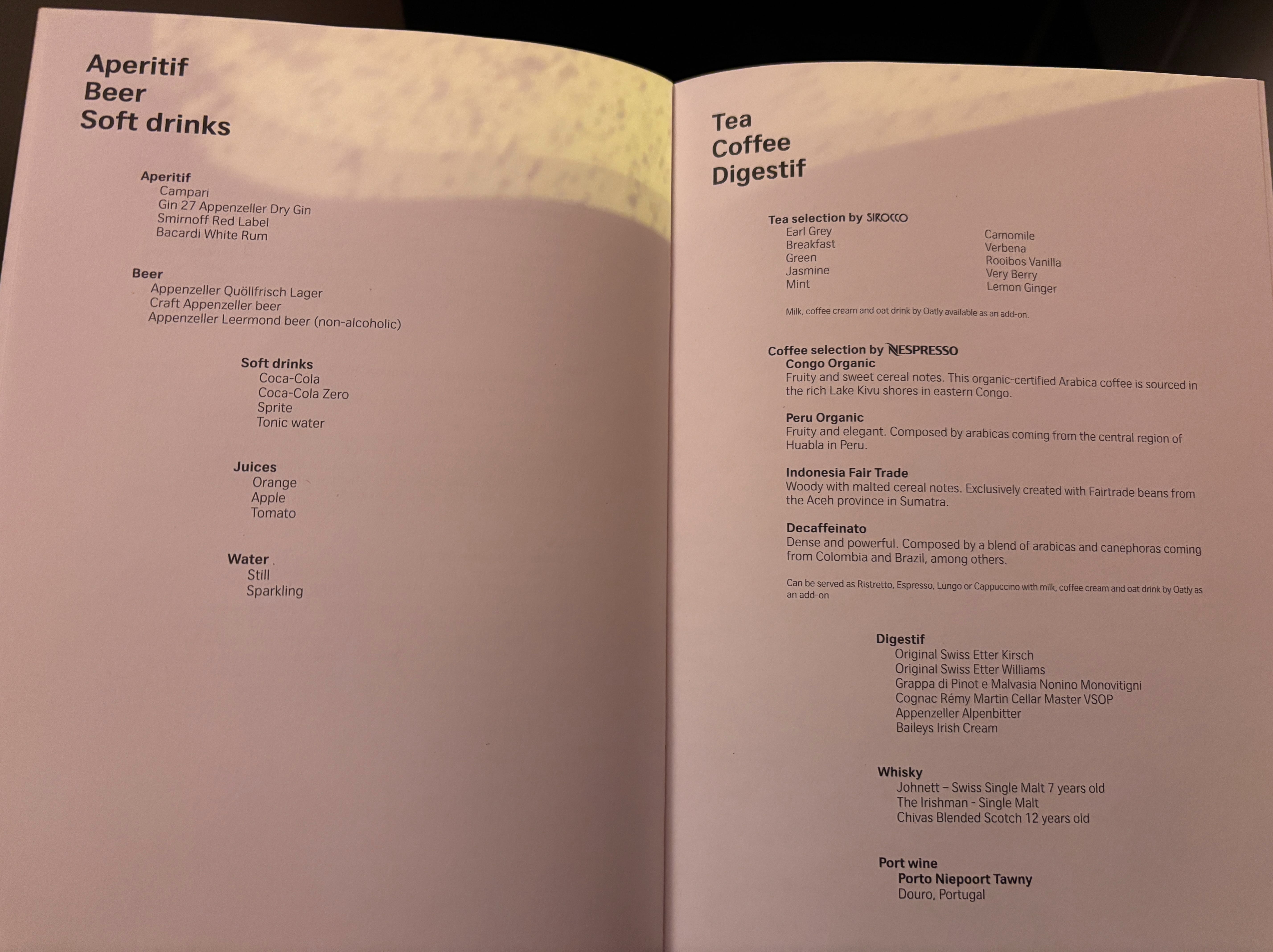 Beer, soft drinks, spirits, and tea and coffee menu.