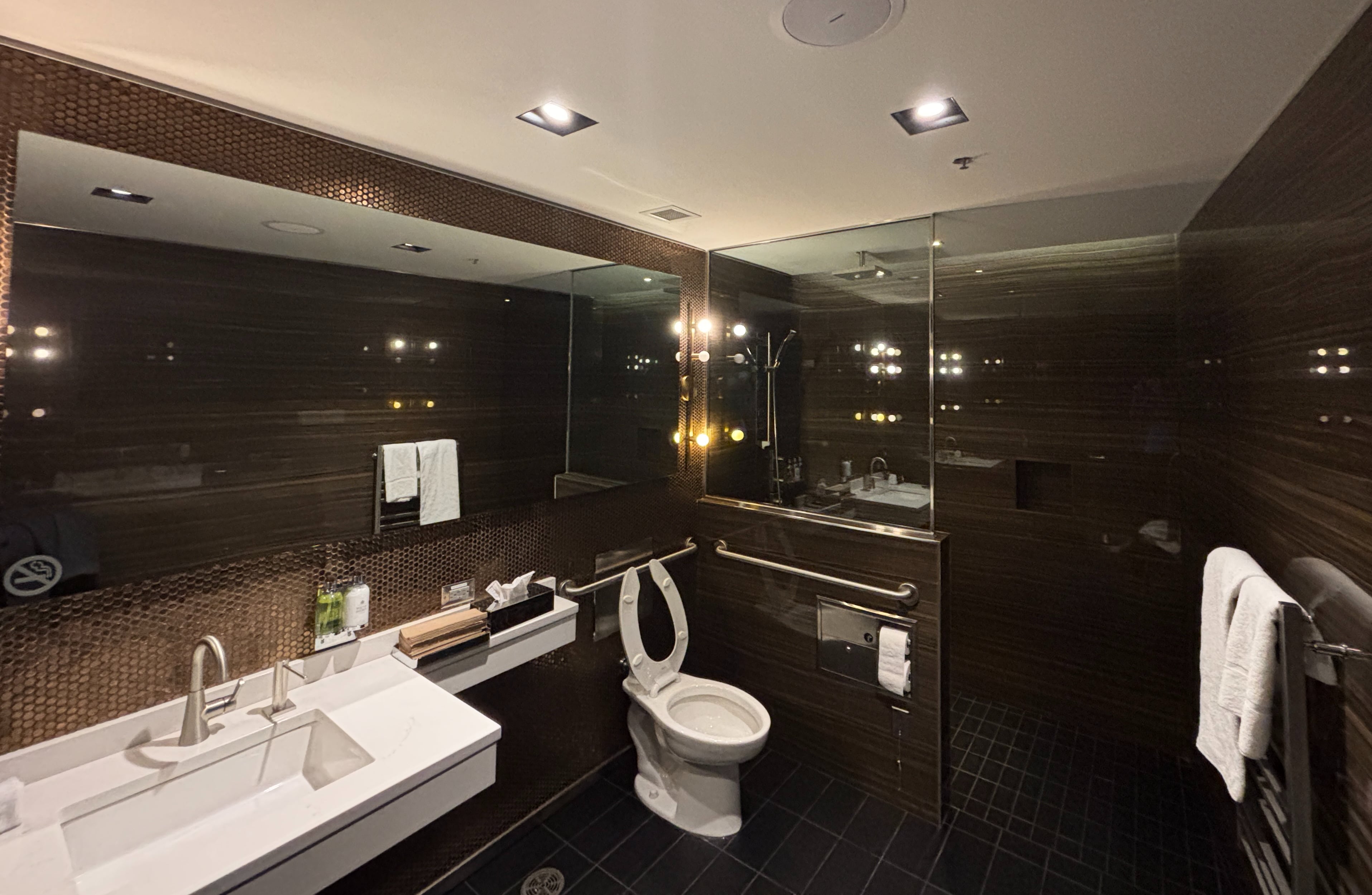 Sink, large mirror, toilet, towels, and shower all visible in an airport shower suite.