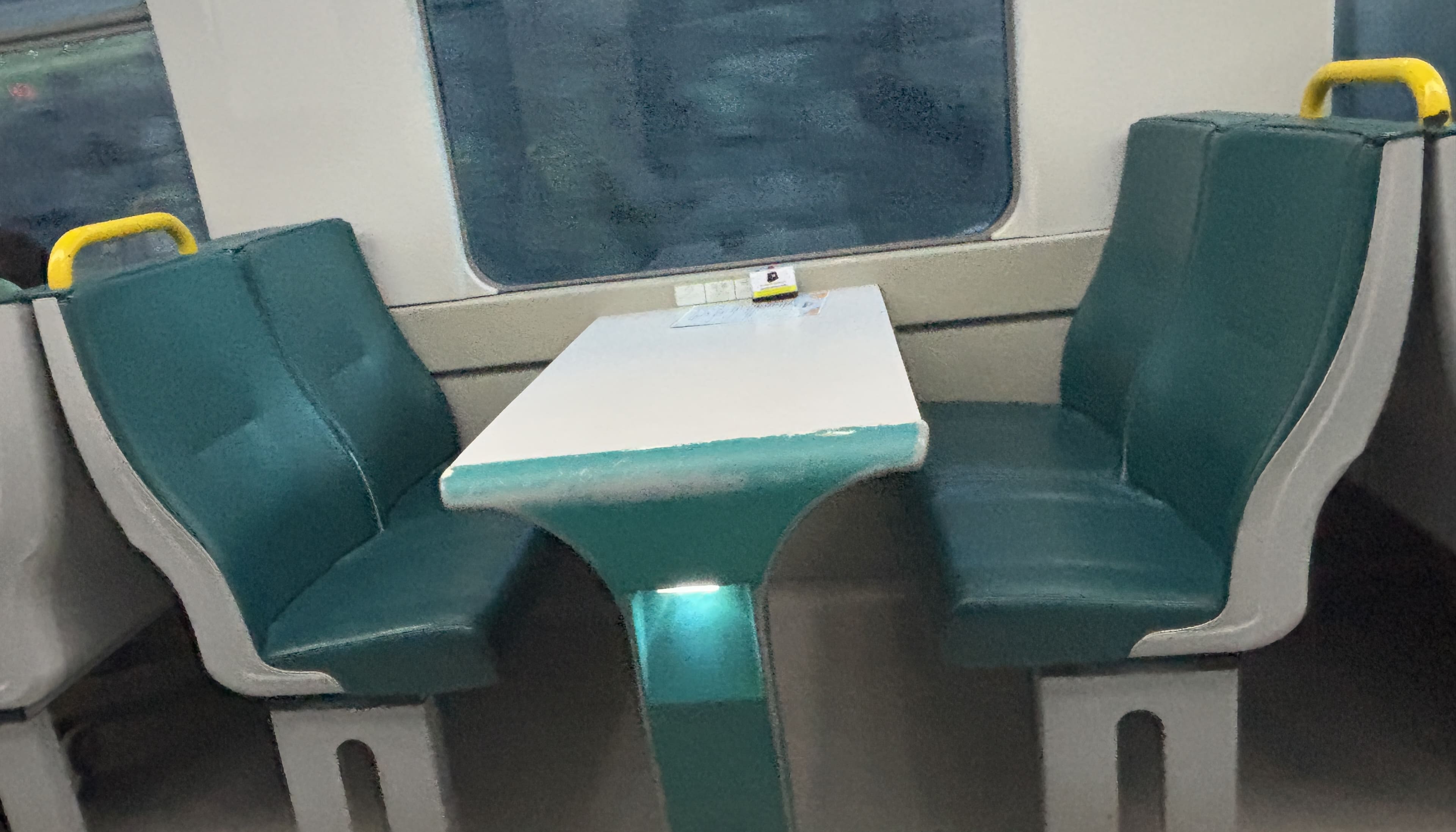 Dining car table, with two chairs on either side and a button atop used for ordering.
