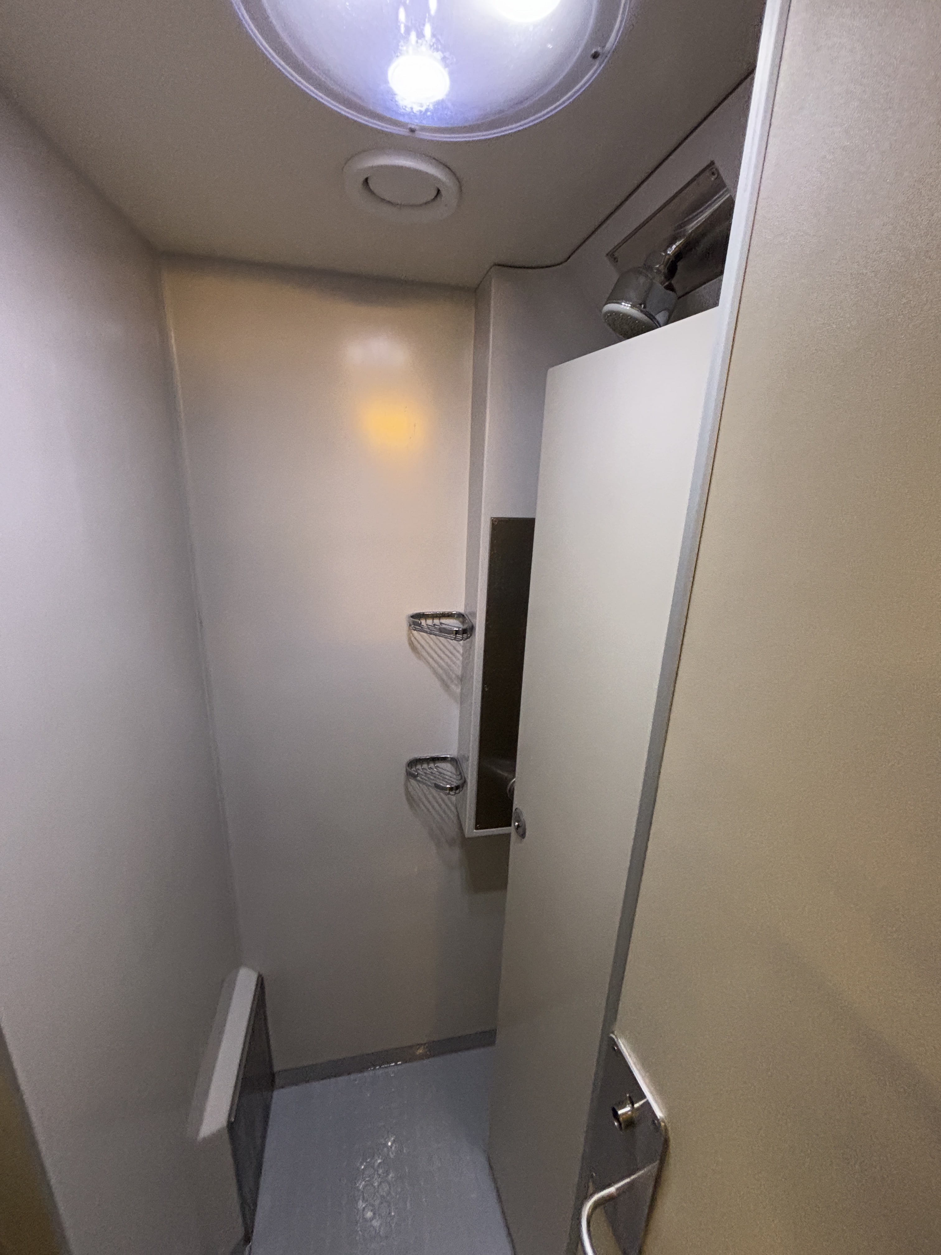 Small beige cubicle with showerhead and two empty metal shelves.